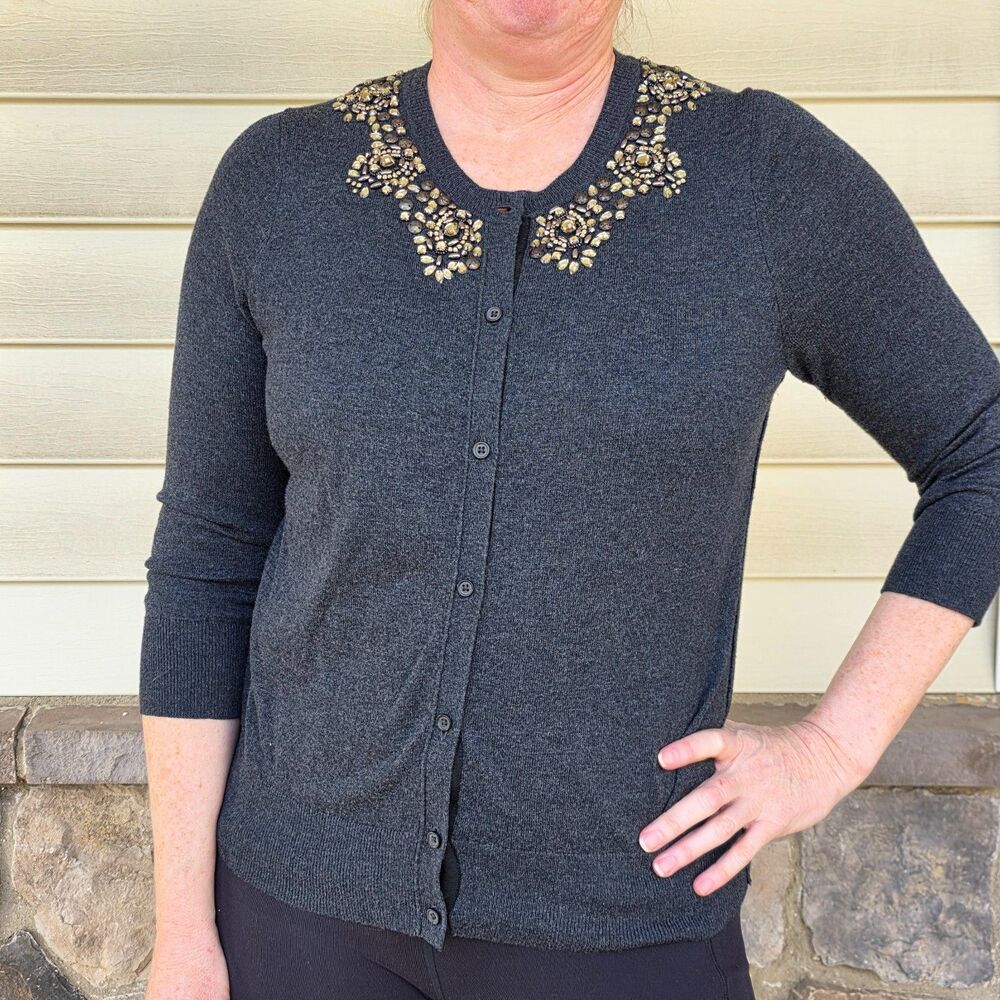 LOFT Cardigan Wool & Rhinestone Jeweled Sweater, Charcoal w/ Golden Accents L